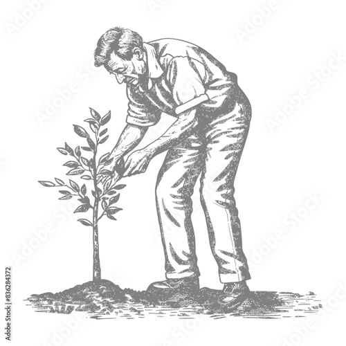 elderly man planting tree in the ground with engraving style black color only