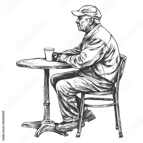 elderly man sitting at a table in the cafe bar restaurant with engraving style black color only