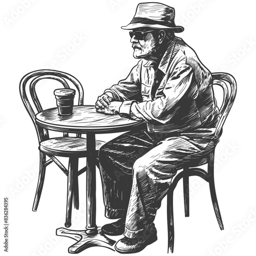 elderly man sitting at a table in the cafe bar restaurant with engraving style black color only