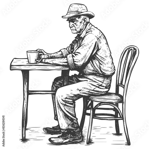 elderly man sitting at a table in the cafe bar restaurant with engraving style black color only