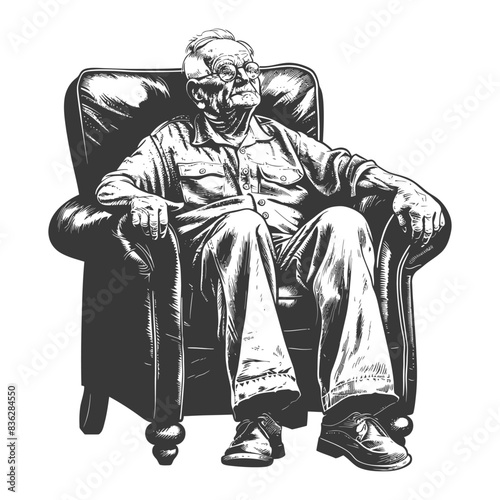 elderly man sitting in the chair full body with engraving style black color only