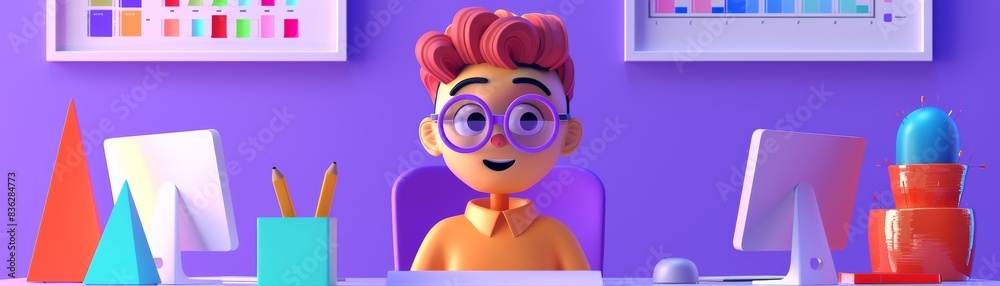 Colorful illustration of a student sitting at a desk surrounded by school supplies and geometric shapes, with educational charts on the walls.