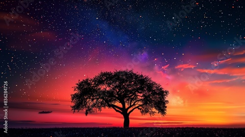 Lone tree under a starry night sky at sunset