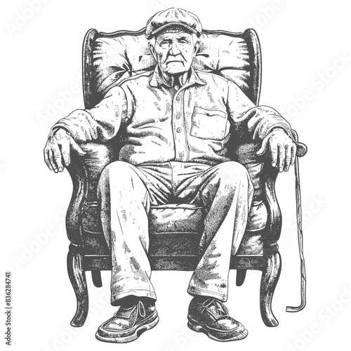 elderly man sitting in the chair full body with engraving style black color only