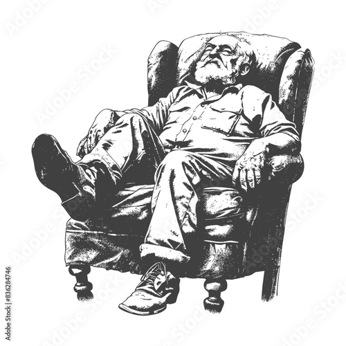 elderly man sitting in the chair full body with engraving style black color only