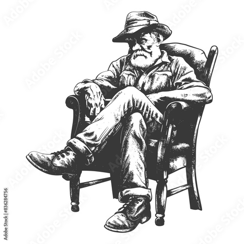 elderly man sitting in the chair full body with engraving style black color only
