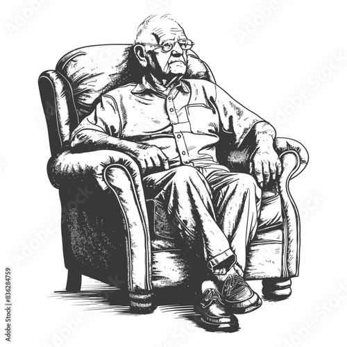 elderly man sitting in the chair full body with engraving style black color only