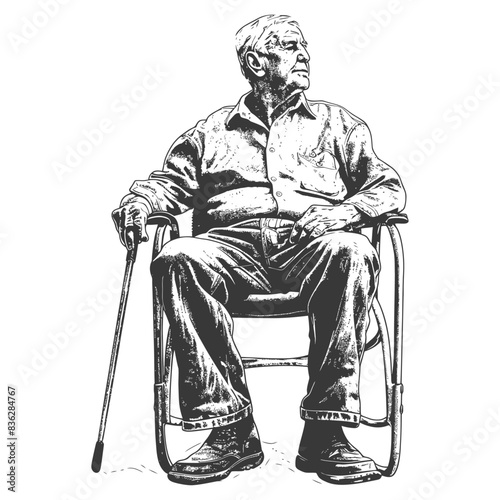 elderly man sitting in the chair full body with engraving style black color only