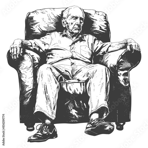 elderly man sitting in the chair full body with engraving style black color only