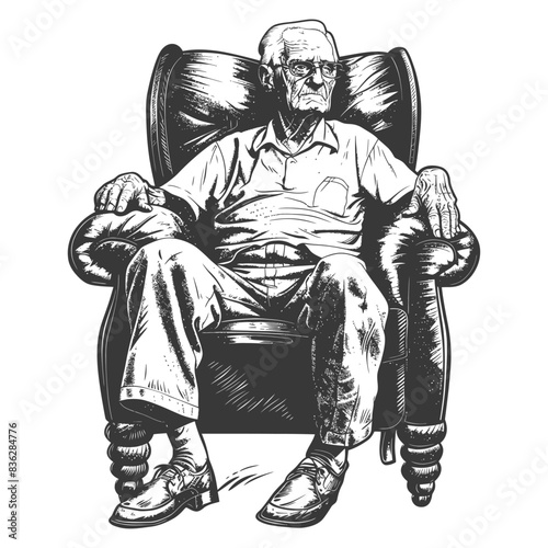 elderly man sitting in the chair full body with engraving style black color only