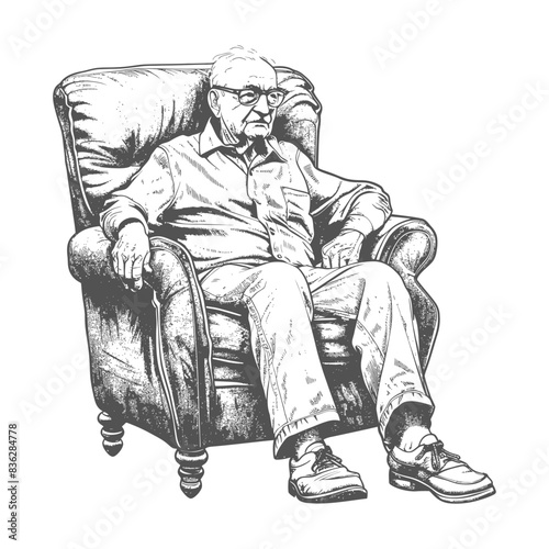elderly man sitting in the chair full body with engraving style black color only