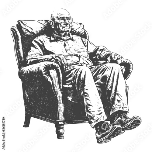elderly man sitting in the chair full body with engraving style black color only