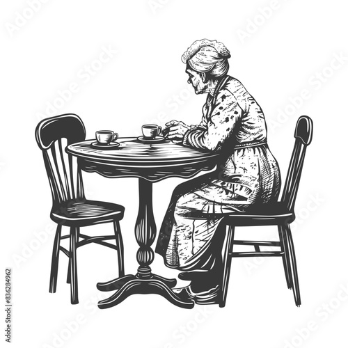 elderly woman sitting at a table in the cafe bar restaurant with engraving style black color only