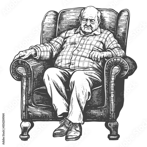 elderly man sitting in the chair full body with engraving style black color only