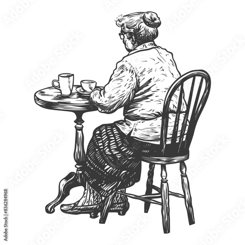 elderly woman sitting at a table in the cafe bar restaurant with engraving style black color only