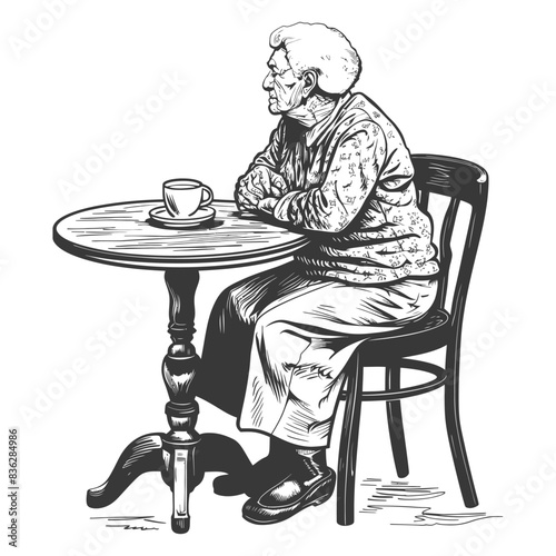 elderly woman sitting at a table in the cafe bar restaurant with engraving style black color only