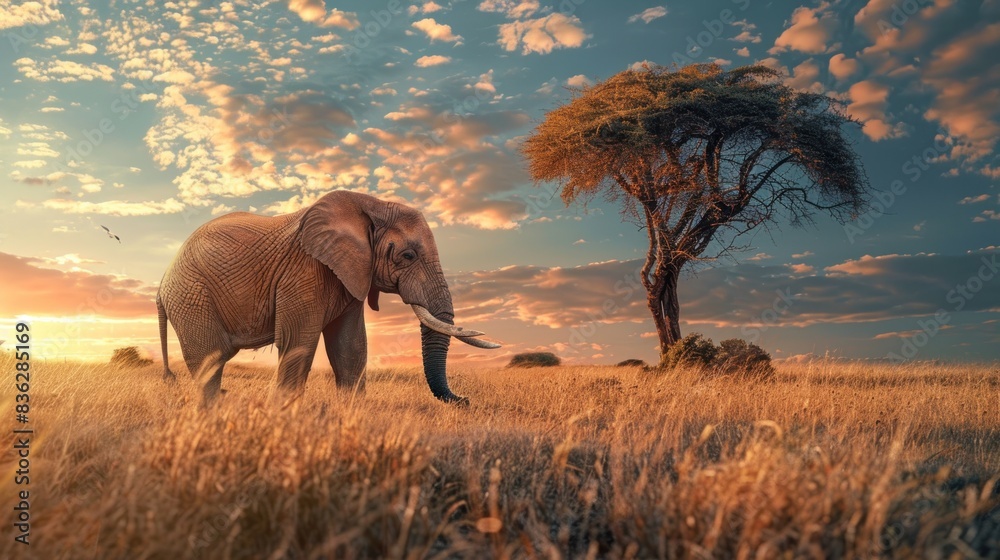 Fototapeta premium Elephant, Nature And Wildlife In Africa For Conservation With Animal In Natural Environment Or Habitat. Ecology, Game Or Safari And Tree On Landscape With Fauna
