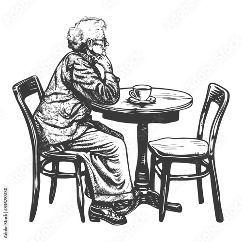 elderly woman sitting at a table in the cafe bar restaurant with engraving style black color only