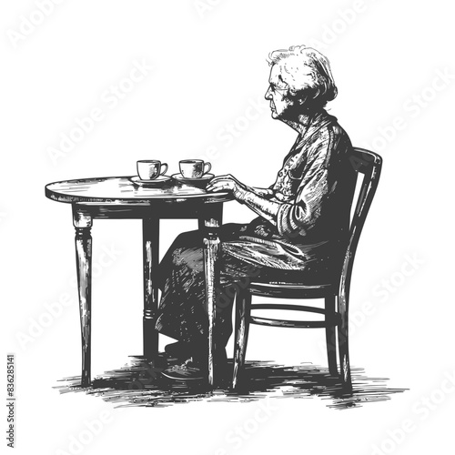 Elderly Woman Drinking Tea, Sketch Style, Solitude, Reflection.