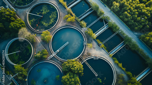 Aerial view of wastewater treatment plant, effluent and wastewater filtration. Industrial solutions for wastewater treatment and recycling