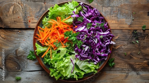 Top view of a plate with a mixture of iceberg lettuce red cabbage and carrots on a wooden table