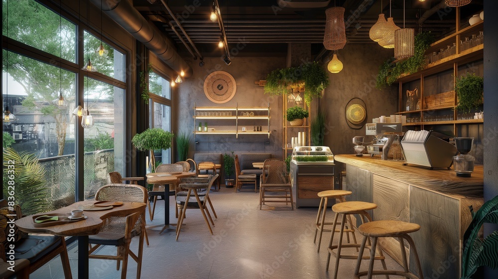 Coffee shop interior, A cozy coffee shop is filled with warm lighting and comfortable seating