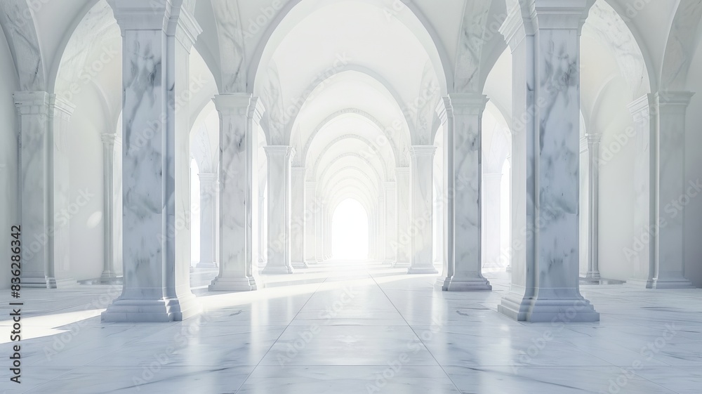 A long, white hallway with arched columns and a bright light at the end