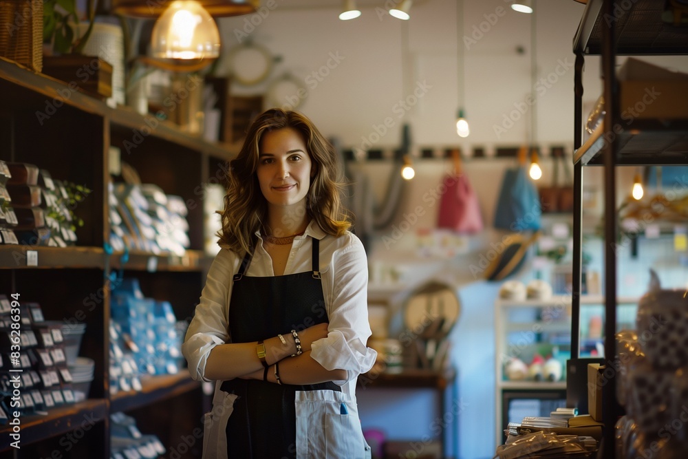 Smiling small business owner in apron standing with arms crossed in her shop Smiling small business owner in apron standing with arms crossed in her shop