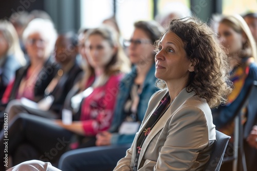 Woman in blazer attentively listening at a conference, surrounded by other focused attendees © Anastasia