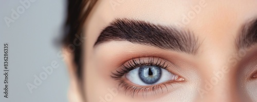 Long Black Eyelashes. Closeup Of Beautiful Female Eyebrow And Big Eye With long Lashes. photo