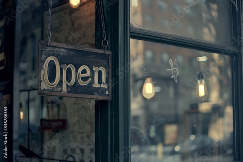 Close-up of an open sign on a cafe door with warm lights inside