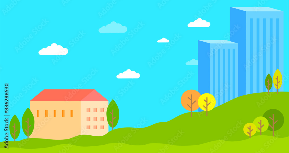 Vector illustration in simple minimal geometric flat style - city landscape with buildings, hills and trees