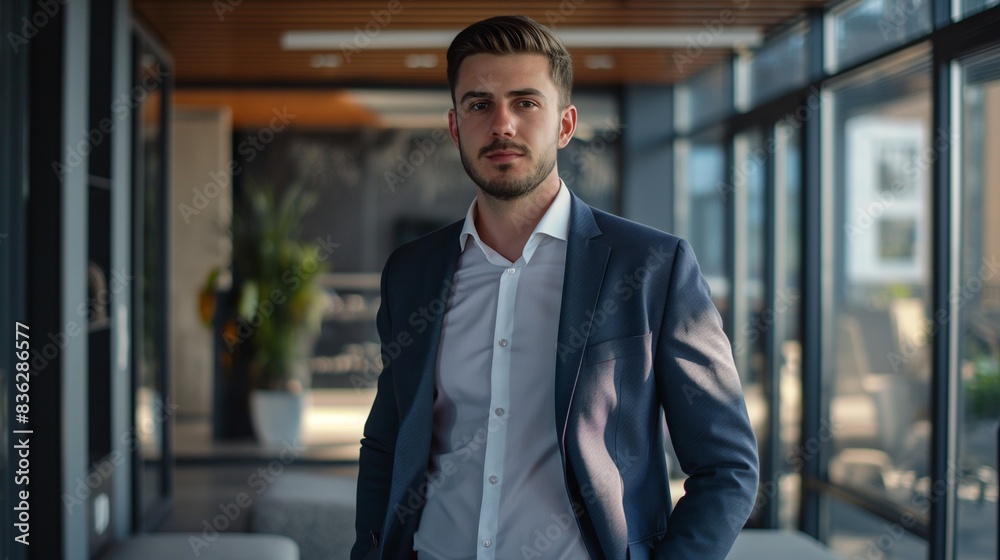 Fototapeta premium Stylish man in a suit, posing in a modern office, dressed in a well-tailored suit