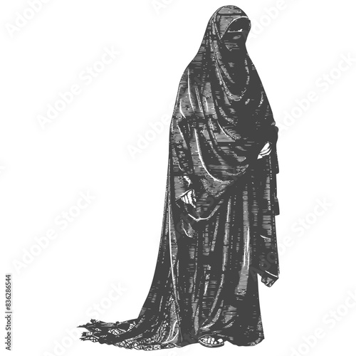 Monochromatic Figure in Draped Cloth: Vintage Engraving on White.