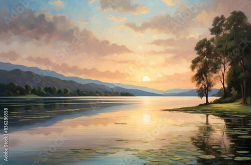sunset over the lake, Watercolor painting sunset at the beach, orange sky Generative AI art