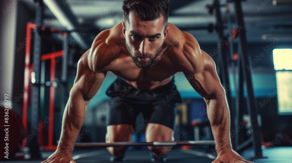 Fitness enthusiast working out, muscular man is performing a workout routine in a gym Fitness enthusiast working out, muscular man is performing a workout routine in a gym
