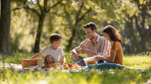 family is enjoying a picnic in a picturesque park, sharing laughter and bonding over a delicious meal