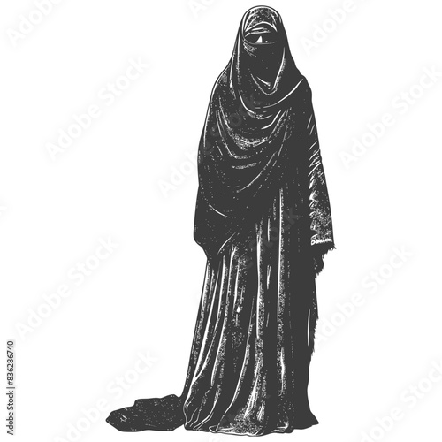 Veiled Woman, Antique Engraving, Anonymous Figure, Dark Fabric, White Background.