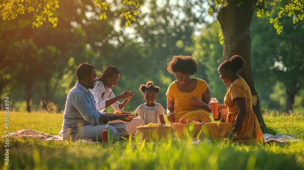 family is enjoying a picnic in a picturesque park, sharing laughter and bonding over a delicious meal family is enjoying a picnic in a picturesque park, sharing laughter and bonding over a delicious meal