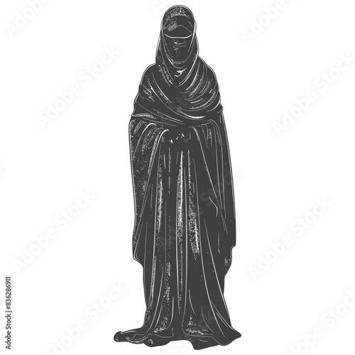 Mysterious Woman in Niqab, Engraved Style Illustration, Isolated on White.
