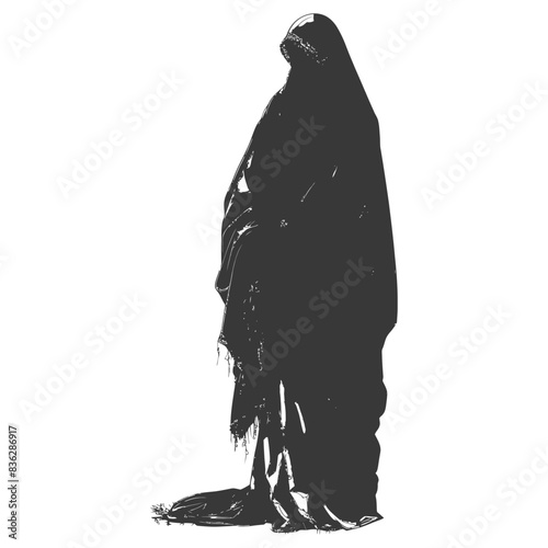 Silhouette of veiled woman, black and white abstract.