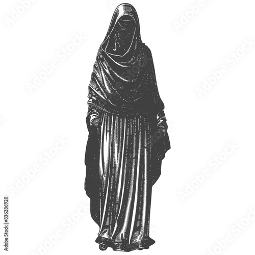 Ethereal Figure: Dark Robe, Hooded, Engraving Style on White.