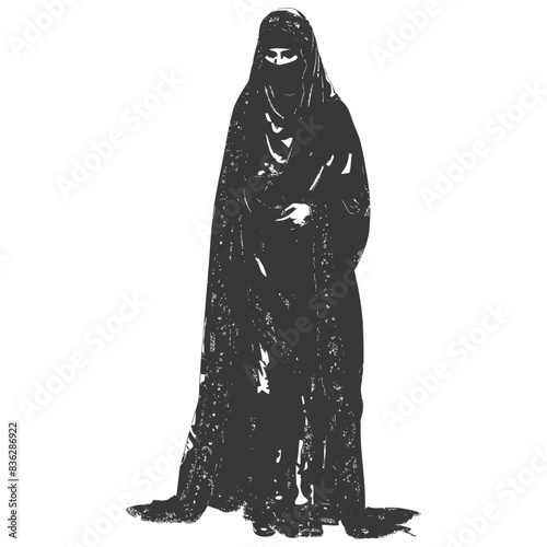 Monochrome Niqab: Veiled Woman, Enigmatic Gaze, Textured Garment.