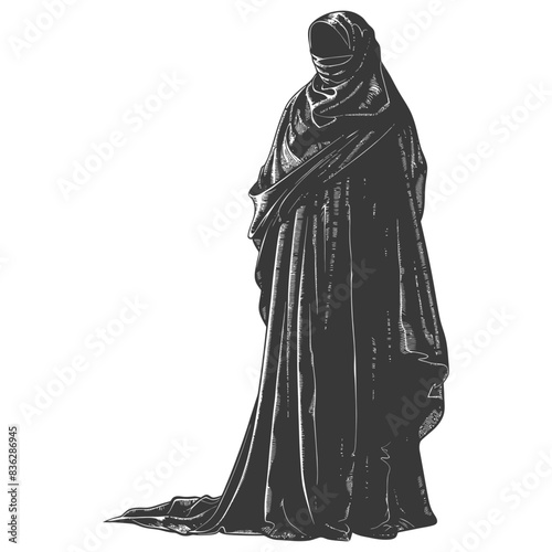 Cloaked Figure: Enigmatic Dark Silhouette in Veiled Drapery, Etching Style.