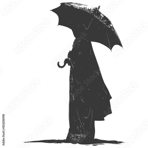Silhouette in Rain: Ornate Umbrella, Vintage Figure, Ominous Dark Art.
