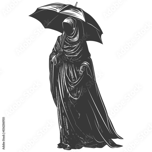 Cloaked Figure with Umbrella: Gothic Mystery, Engraved Style