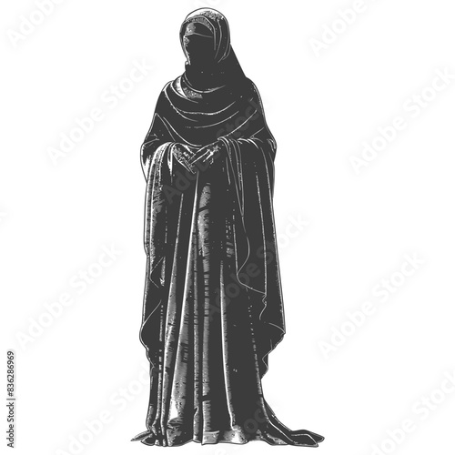 Veiled Figure, Engraved Illustration, Standing with Clasped Hands
