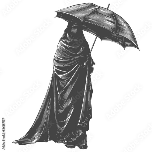 Veiled Figure with Umbrella: Dramatic Engraving Style Art