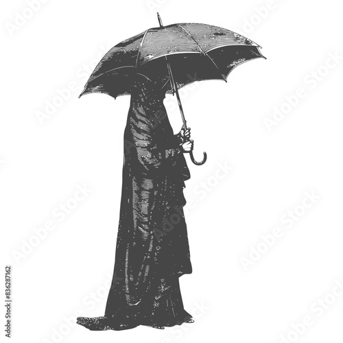 Monochrome Gothic: Cloaked Figure Under Umbrella, Isolated.