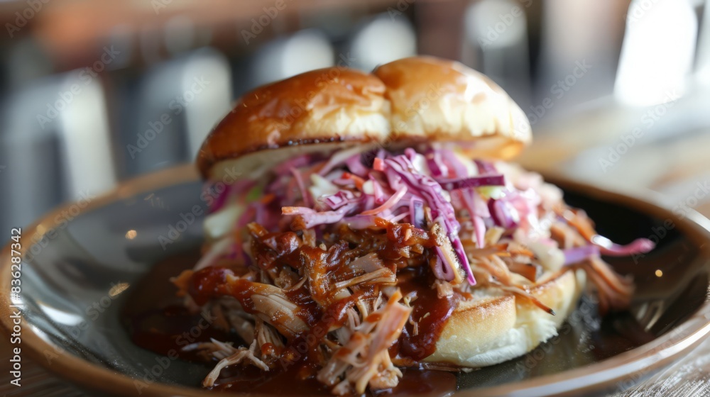 Slow-cooked Kurobuta pork shoulder, pulled and served on a toasted bun with coleslaw and barbecue sauce. Slow-cooked Kurobuta pork shoulder, pulled and served on a toasted bun with coleslaw and barbecue sauce.